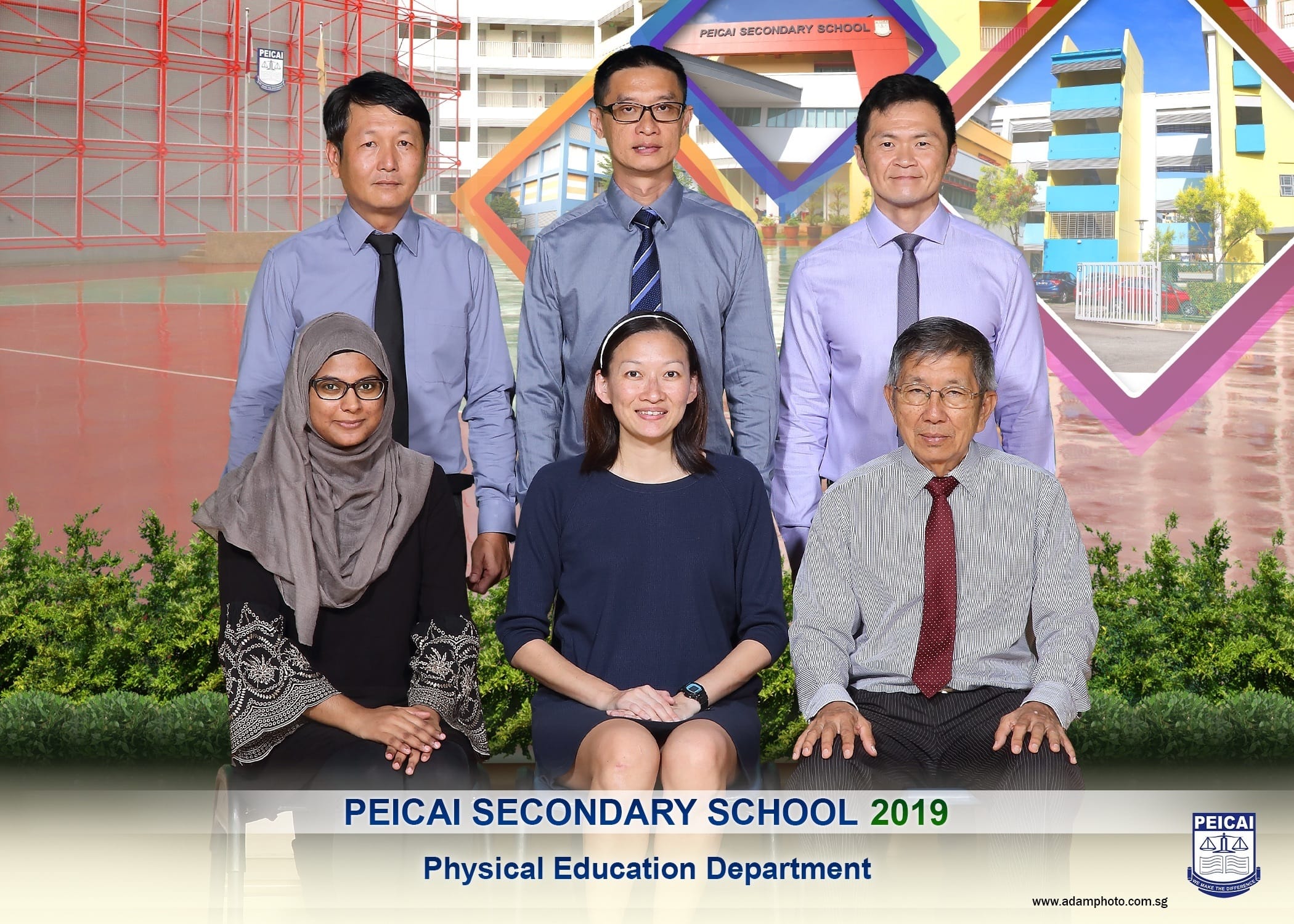 Six staff members of Peicai Secondary School 2019 Physical Education Department pose for a group photo.